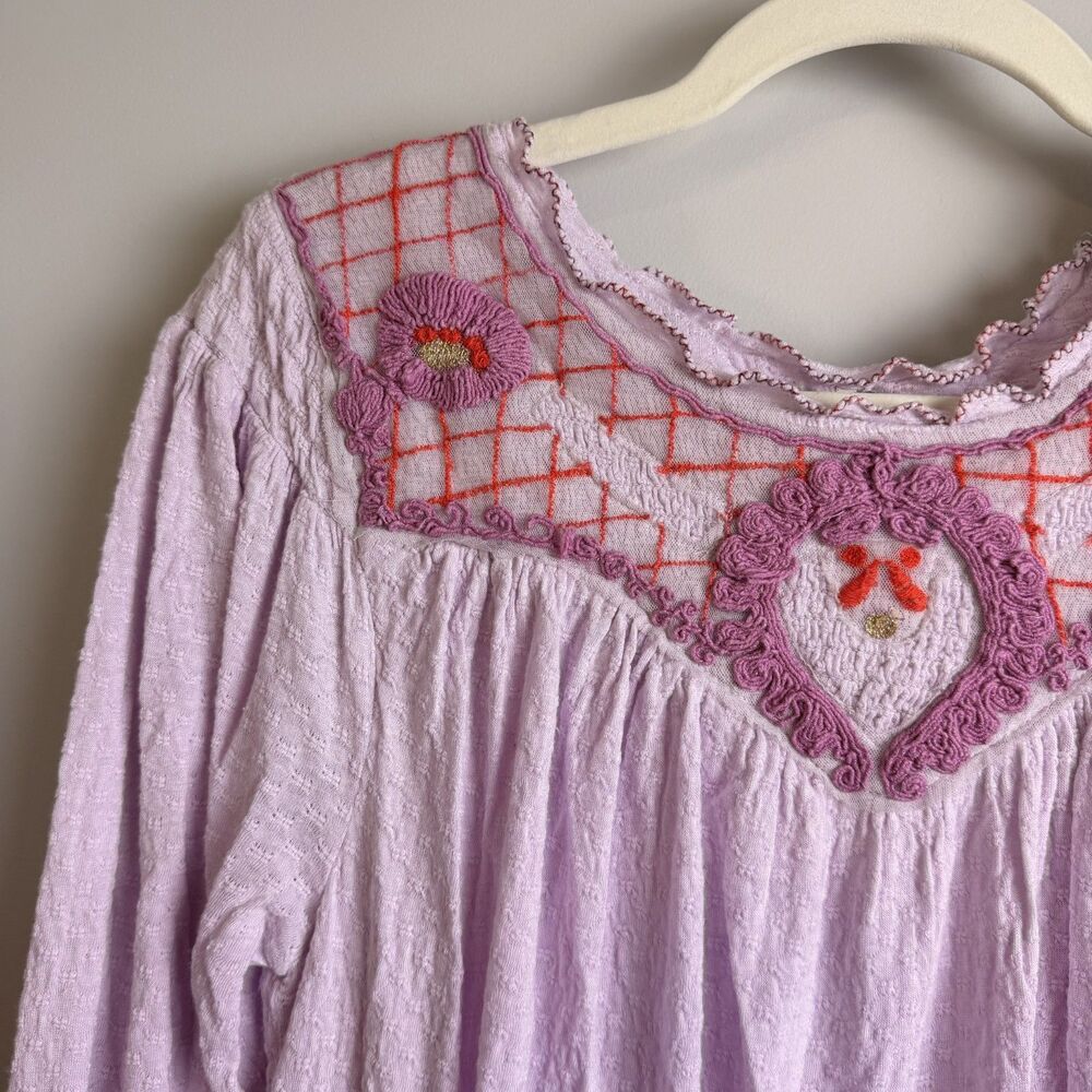 Free People Purple Embroidered Peasant Small Boho Cottagecore 3/4 Sleeve Top - Picture 11 of 14